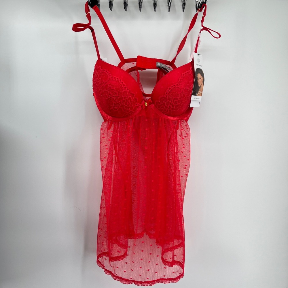 🆕 Red Lace Sexy Polka Dot Mesh Babydoll Teddy Lingerie Set Sz‎ Small